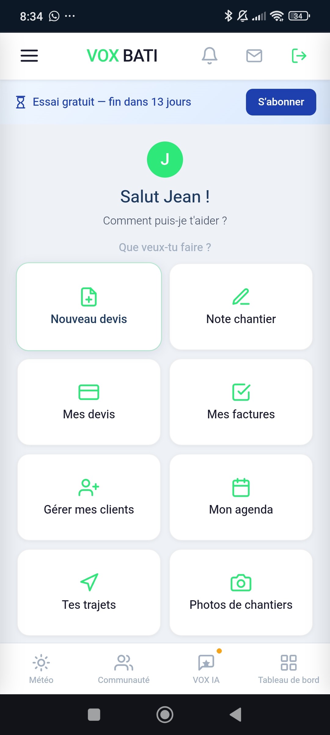 Tableau de bord VOX BATI : accès direct aux devis, factures, clients, agenda et photos chantier