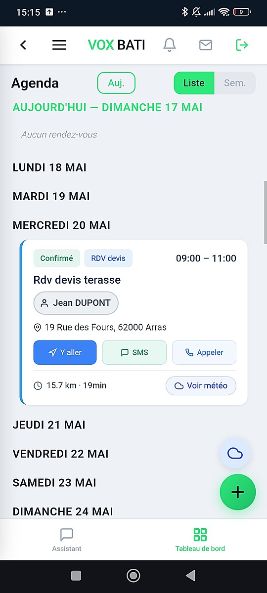 Agenda VOX BATI avec RDV chantier, distance, meteo et actions rapides