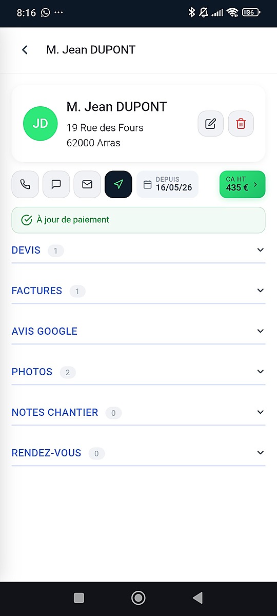 Fiche client CRM avec historique devis, factures, avis Google, photos, RDV, CA