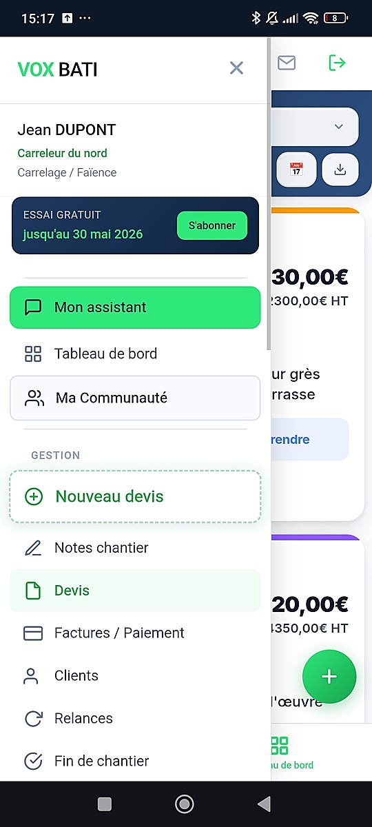 Menu lateral VOX BATI avec toutes les sections de navigation