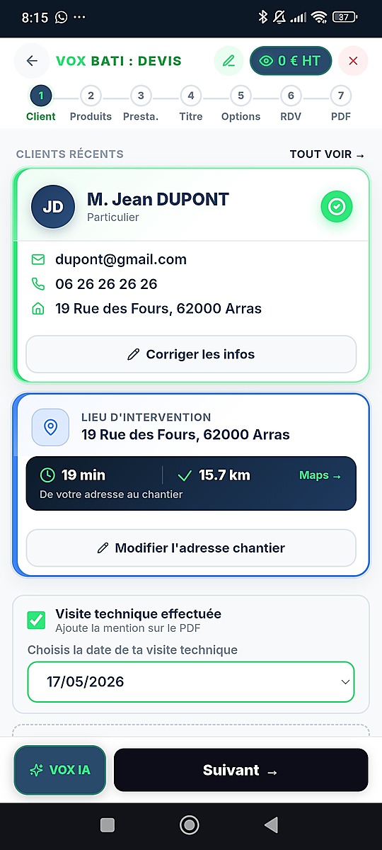 Etape Client lors de la creation d'un devis : adresse client, distance, visite technique