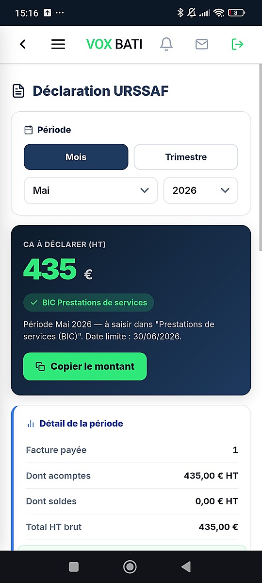 Declaration URSSAF avec CA a declarer calcule automatiquement