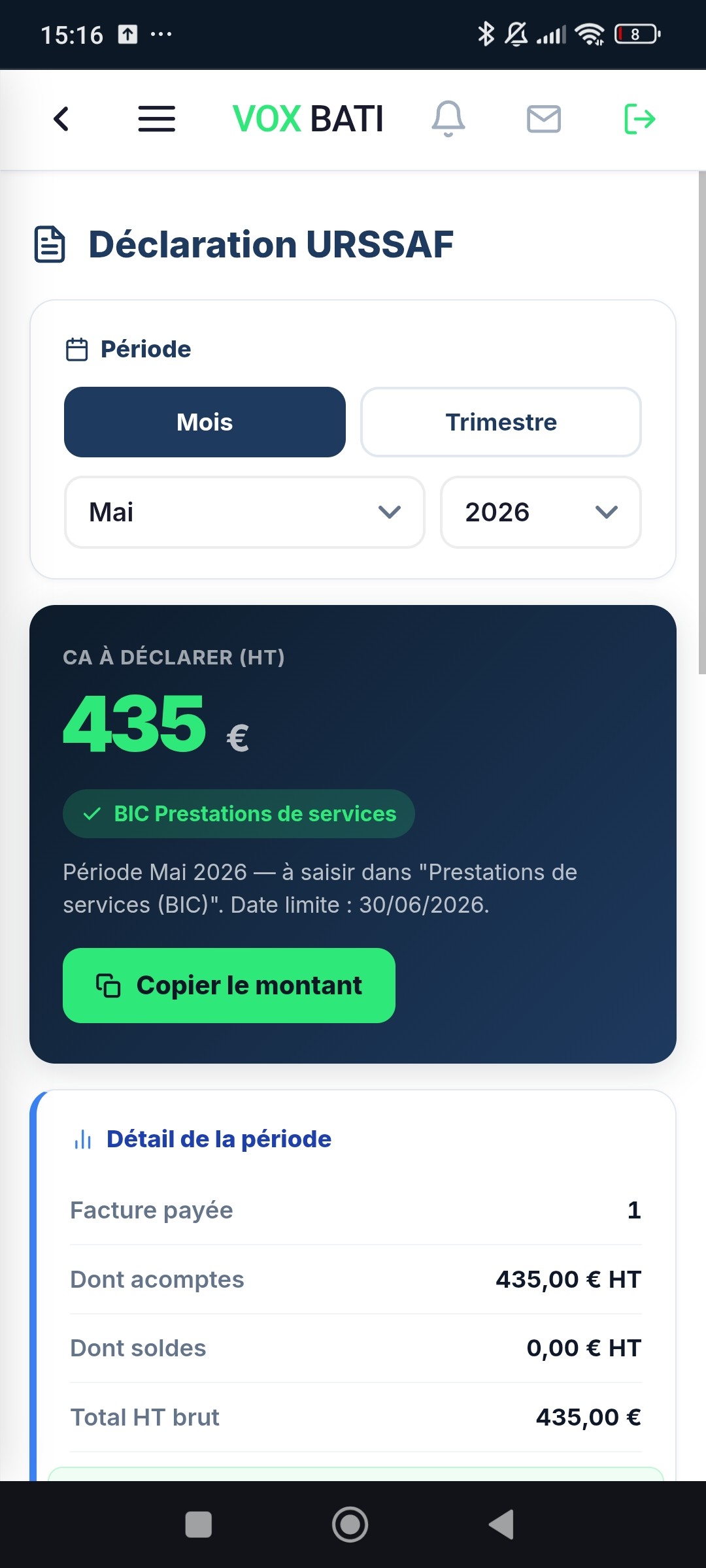 Suivi URSSAF et chiffre d'affaires dans VOX BATI pour un artisan auto-entrepreneur
