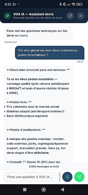VOX IA : assistant intelligent qui analyse un devis carrelage en cours