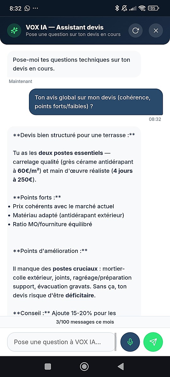 VOX IA Expert IA qui analyse un devis carrelage en cours