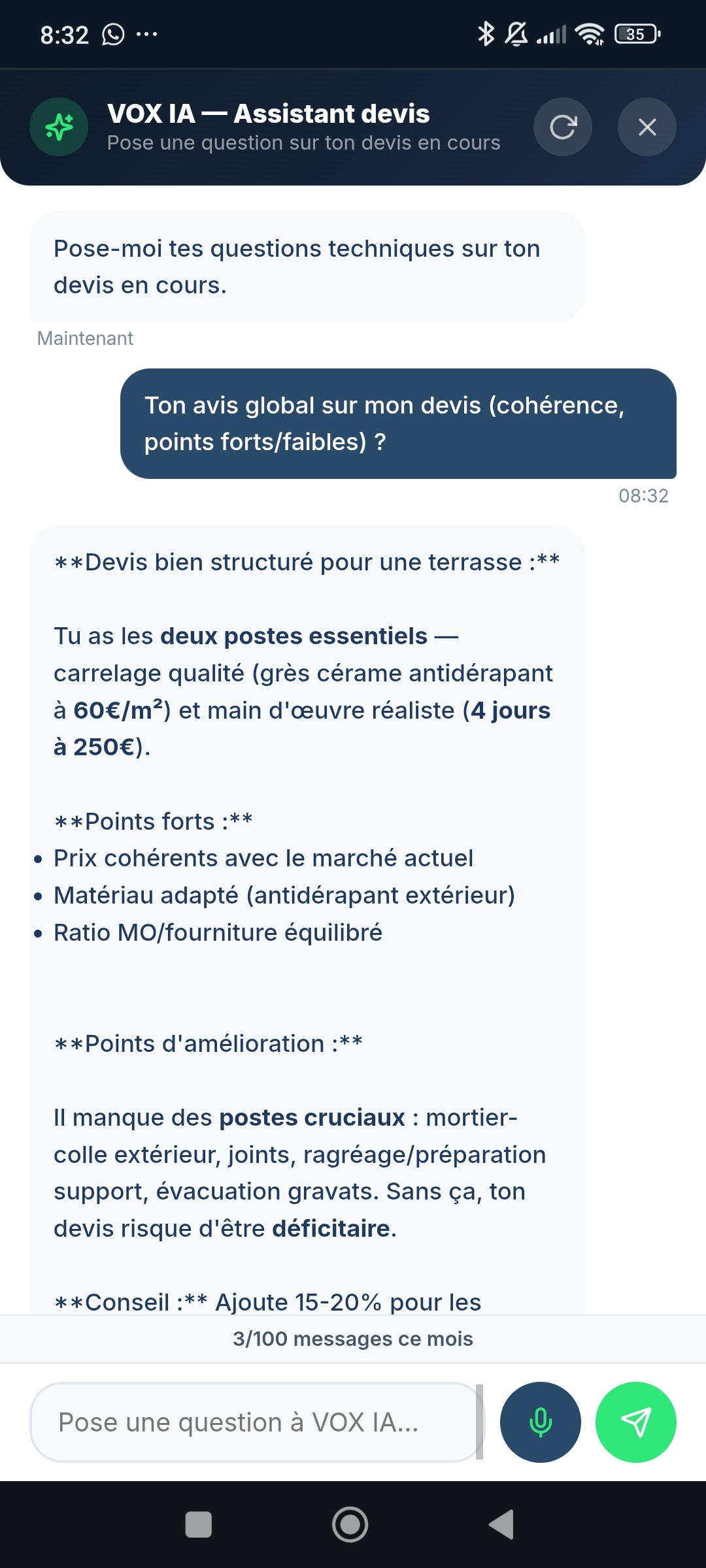 VOX IA basé sur Claude IA : assistant conversationnel intégré dans l'application VOX BATI