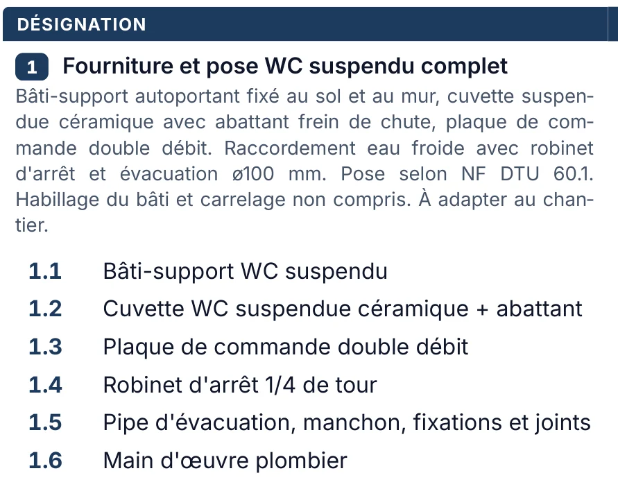 Extrait d'un devis VOX BATI avec un ouvrage : fourniture et pose d'un WC suspendu complet, descriptif technique, pose selon la norme NF DTU 60.1 et composition numérotée des fournitures et de la main-d'œuvre