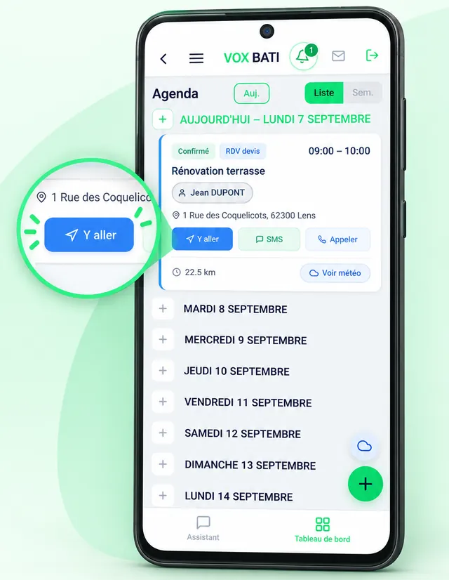 Agenda VOX BATI : un rendez-vous avec le bouton Y aller mis en avant, SMS, Appeler, la distance et la météo