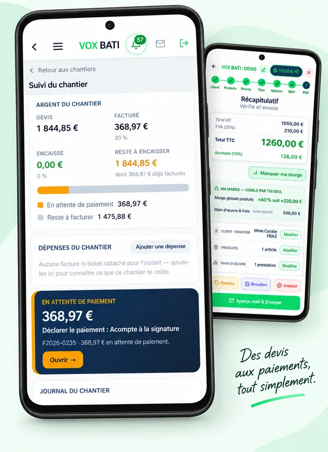 Suivi de chantier VOX BATI : montant du devis, facturé, encaissé, reste à encaisser et paiement en attente