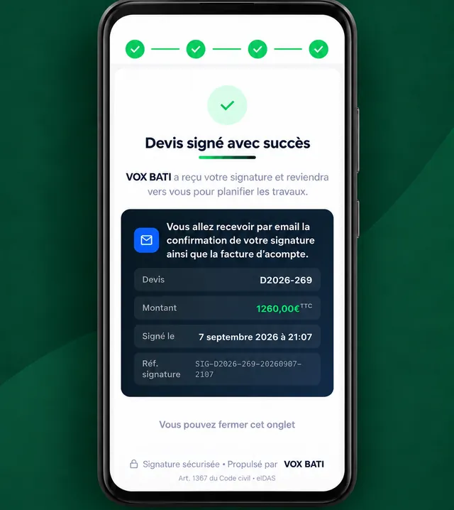Écran « Devis signé avec succès » : le client reçoit par e-mail la confirmation de sa signature et la facture d'acompte