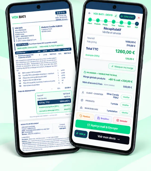 Deux téléphones : un devis PDF VOX BATI avec un ouvrage détaillé, et le récapitulatif du devis avec le total TTC et la marge